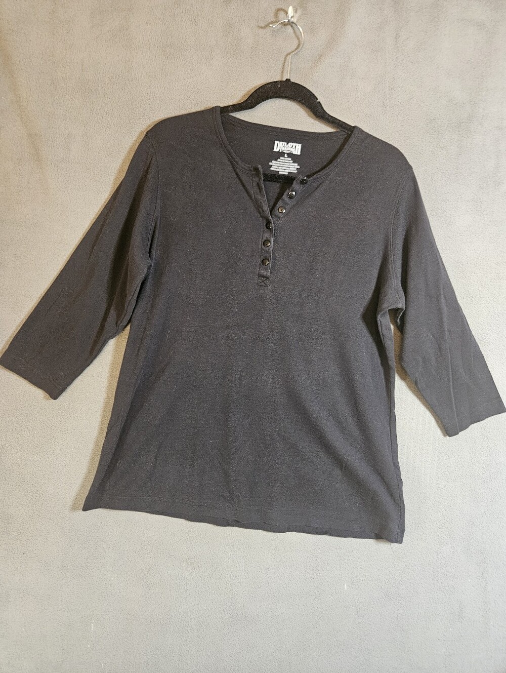 Duluth Trading Womens Large Henley Shirt Black 100% Cotton 3/4 Sleeve Minimalist